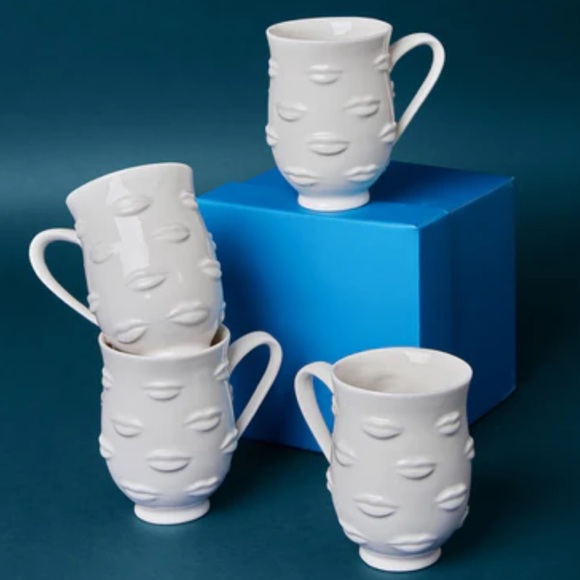 Two Jonathan Adler Gala Lips Mugs Glazed Cups White NWOT - Picture 6 of 7